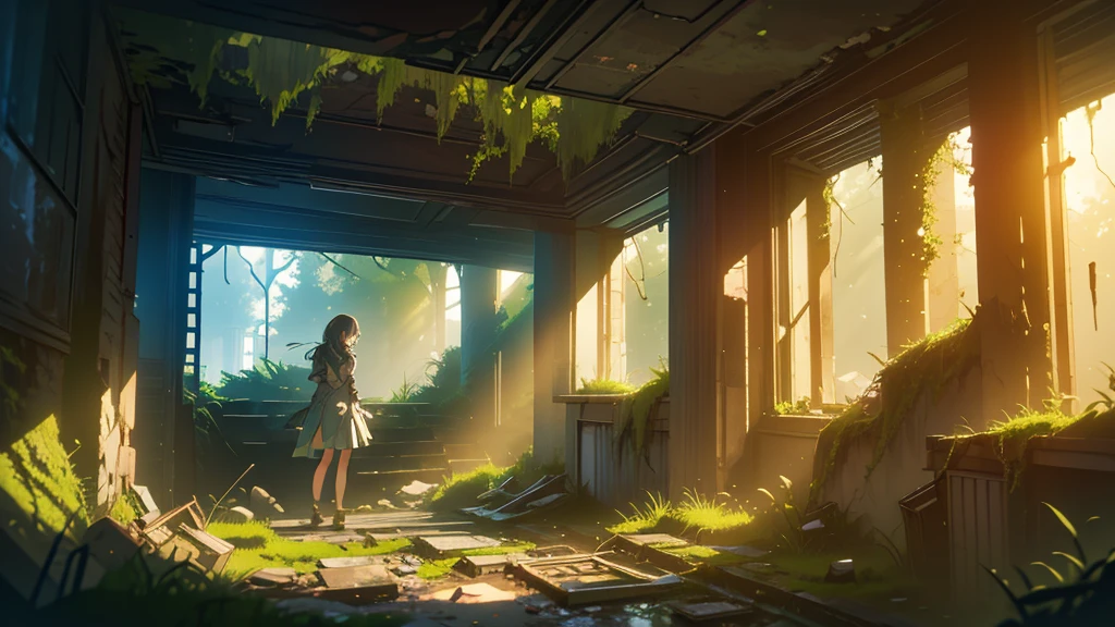 Puddles, crumbled wall, moss, grass, crumbled ceiling, sunlight through the crumbling gap, beautiful girl, fantastic, high quality, high quality, masterpiece, girl looking up at the sky, light creates fantastic effect, broken machine, broken glass cup, withered flower, tools after many years, camera angle shows scenery from far away.