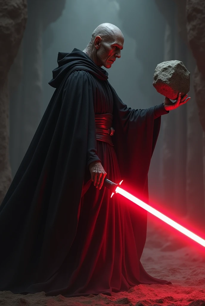 A Sith from Star Wars, thin brown gray skin, Sith shows his young apprentice how to use the Force to push a stone into the air, black cloak with hood, dark atmosphere, scary, frightening, red lightsaber, ultra realistic