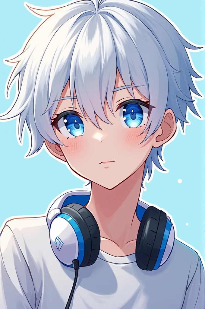 Anime boy with white hair and blue eyes school boy with headphones and t shirt