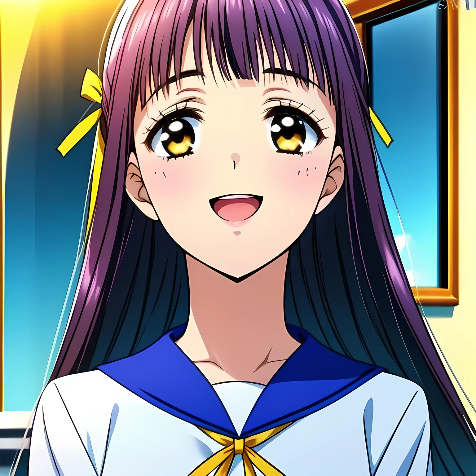 highest quality, (masterpiece:1.2), (A noble game heroine, beautiful noble heroine, Very detailed beautiful heroine's portrait of game CG, beautifully and artistically painted as cover of girl's magazine: 1.6), (A girl whom everyone loves because of her beauty and lovely fashion and graceful personality and noble manner. A refined and elegant look like a noble princess. : 1.4), (In fact she is a succubus, trying to charm, enslave and absorb me!: 1.0), (Very beautiful, wavy, cutely shining super-super-long blue hair, with elegant hair ribbons with very good smell of female pheromones: 1.0), (Laughing very beautiful and shining eyes with very long eyelashes which charms and enslave me inevitably, with detailed very well: 1.6), (The elegant, slightly open mouth and glossy wet lips of an anime heroine: 1.0), (Noble neat dark-navy-blue sailor-styled school uniform, and neat elegant dark dark-navy-blue pleats skirt, with a big yellow noble ribbon on the chest: 1.2), (Laughing at me, but that gives a heavenly feeling of happiness with beautiful and great smiley noble face: 1.2), (The wind is blowing: 0.8)