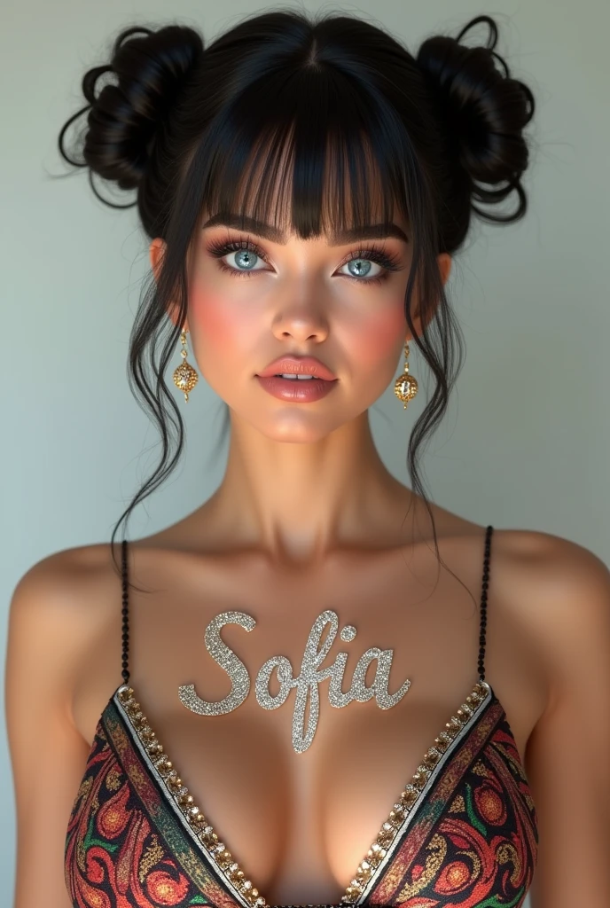 Mexican A beautiful pale-skinned Latina , eyes blue, full body, perfect body, two buns, straight bangs, (best quality,4k,8k,highres,masterpiece:1.2),ultra-detailed,(realistic,photorealistic,photo-realistic:1.37),HDR,UHD,studio lighting,ultra-fine painting,sharp focus,physically-based rendering,extreme detail description,professional,vivid colors,bokeh,portraiture,glamour,sensual,alluring,wear mexi, in style of Retna, full body, write the name Sofia with glitter