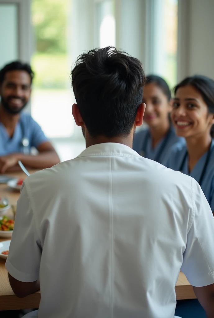 30 years Indian male young doctor is eating lunch with the male indian nurses, female indian nurses. He is in centre to the table, all are satisfied around to him. They all are smiling. His back side should only displayed. He has light thin beard, good hair style.