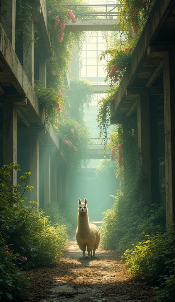Top quality, re-detailed, abandoned house, factory plant, pa llama, overgrown plants, sunlight through windows, lots of pink flowers, plants hanging from the ceiling, twilight, slow time stopped, phantom image,