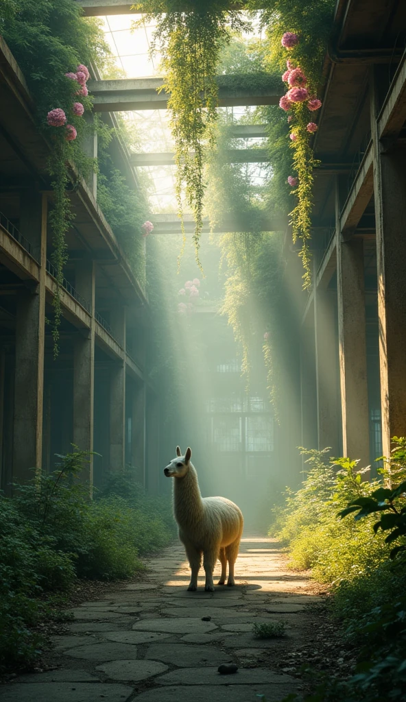 Top quality, re-detailed, abandoned house, factory plant, pa llama, overgrown plants, sunlight through windows, lots of pink flowers, plants hanging from the ceiling, twilight, slow time stopped, phantom image,