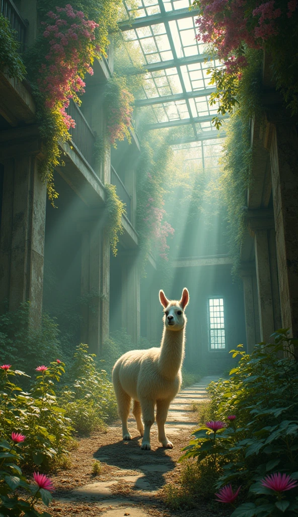 Top quality, re-detailed, abandoned house, factory plant, pa llama, overgrown plants, sunlight through windows, lots of pink flowers, plants hanging from the ceiling, twilight, slow time stopped, phantom image,