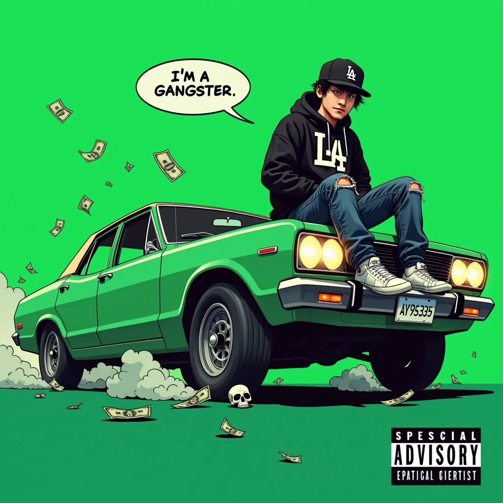 Image of a man sitting on the bonnet of a car, Yoshihiko Wada&#39;s album cover, winner of the behance contest, Doodle, official artwork, rap album cover, hip - hop album art cover, colored album art, hip hop music album cover, rap album cover art, official fanart, GTA Cover, hip hop album cover, album art cover, Cartoon character, oriental boy, Running car, Green background, green tea, Deep pressed black LA ball cap, white nike shoes, Black LA Hoodie, Baggy jeans worn down, black neighborhood, Skull, drug, The city seen from behind, korean, white smoke, Headlight light, Troublemakers, Bad boy, A lot of money flying around, Write I&#39;m a gangster like a character speech bubble, mischievous expression