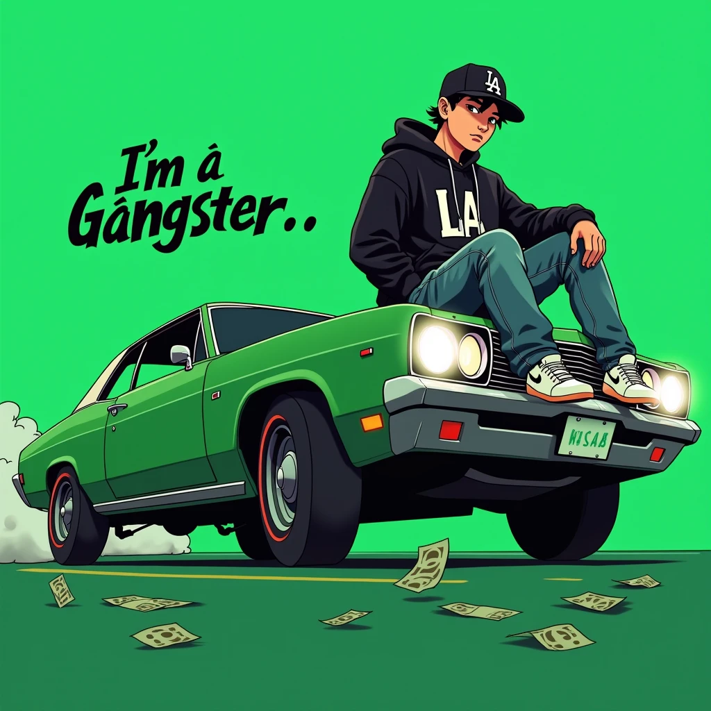 Image of a man sitting on the bonnet of a car, Yoshihiko Wada's album cover, winner of the behance contest, Doodle, official artwork, rap album cover, hip - hop album art cover, colored album art, hip hop music album cover, rap album cover art, official fanart, GTA Cover, hip hop album cover, album art cover, Cartoon character, oriental boy, Running car, Green background, green tea, Deep pressed black LA ball cap, white nike shoes, Black LA Hoodie, Baggy jeans worn down, black neighborhood, Skull, drug, The city seen from behind, korean, white smoke, Headlight light, Troublemakers, Bad boy, A lot of money flying around, Write I'm a gangster like a character speech bubble, mischievous expression
