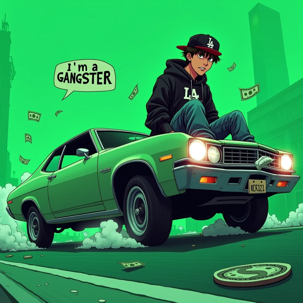 Image of a man sitting on the bonnet of a car, Yoshihiko Wada&#39;s album cover, winner of the behance contest, Doodle, official artwork, rap album cover, hip - hop album art cover, colored album art, hip hop music album cover, rap album cover art, official fanart, GTA Cover, hip hop album cover, album art cover, Cartoon character, oriental boy, Running car, Green background, green tea, Deep pressed black LA ball cap, white nike shoes, Black LA Hoodie, Baggy jeans worn down, black neighborhood, Skull, drug, The city seen from behind, korean, white smoke, Headlight light, Troublemakers, Bad boy, A lot of money flying around, Write I&#39;m a gangster like a character speech bubble, mischievous expression