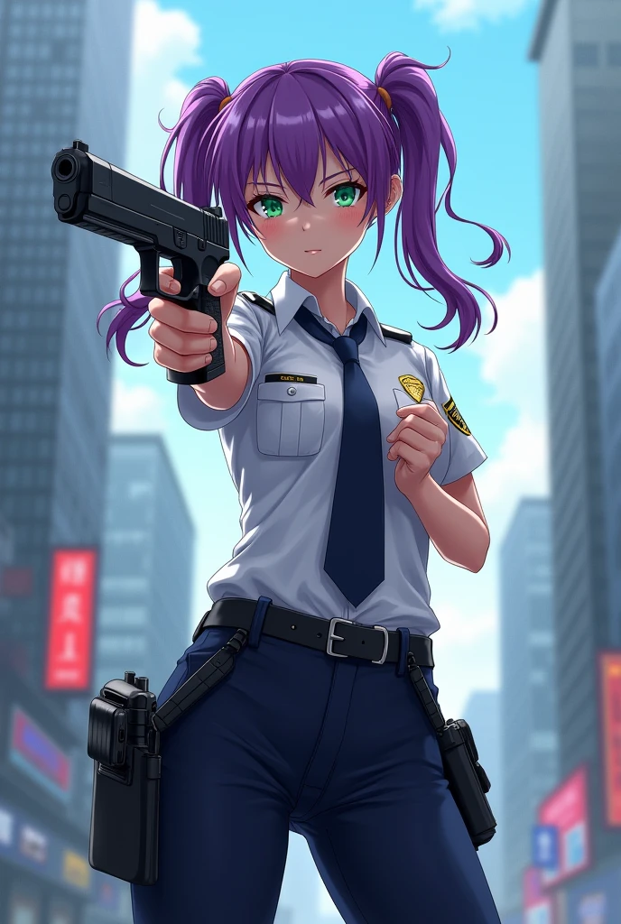 ((masterpiece)), ((best quality)), ((highres)), 1girl, solo, police officer, (matching pants, slacks), city backdrop, (holding and aiming pistol, detailed pistol, glock 22, trigger discipline), standing, medium hair, (purple hair, twintails), (green eyes),