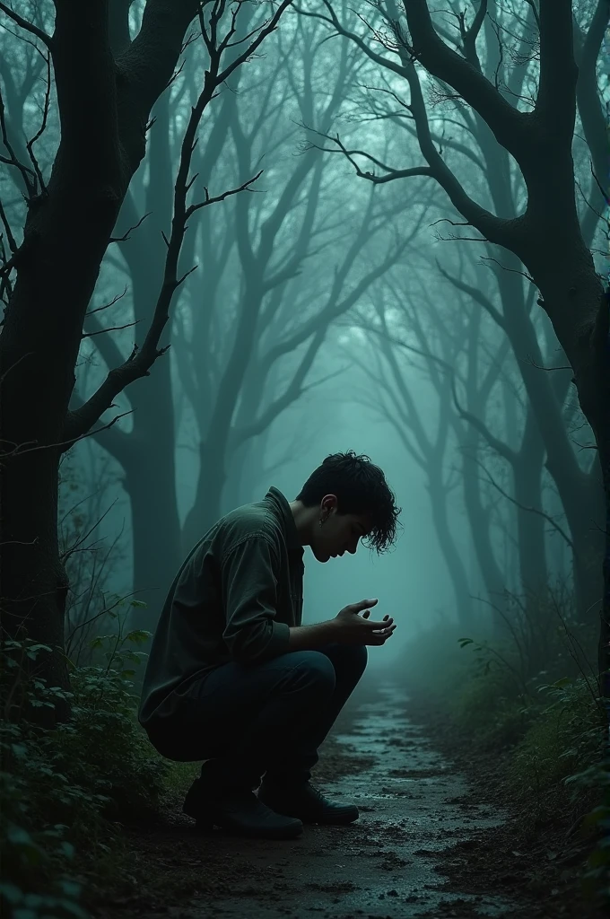 A young man feels nauseous and vomits in a creepy forest.