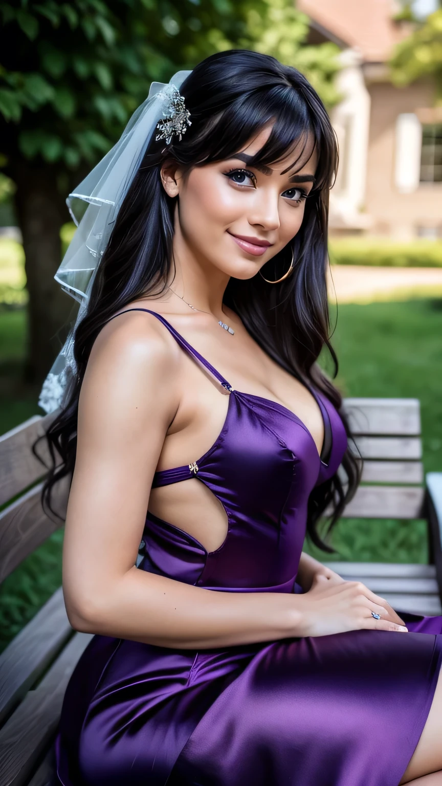 Realistic full body photo of a smiling black-haired woman with long hair, She dances in front of the camera in a long A-line dress with straps made of shiny purple satin., Park,glamour fotoshooting, Wedding celebration, perfect anatomy, perfect brown eyes. Perfect hands with 5 fingers on each hand, Matching girl, look into the camera, 1 Frau. (Eye make up:1.1), (highly detailed skin:1.1), spirit, analog style, keen focus, 8K  UHD, dslr, good quality, Fujifilm XT3, Grain, Award-winning, ​masterpiece. Wedding celebration. She sits on a bench and shows her beautiful long dress. Beautiful shoes