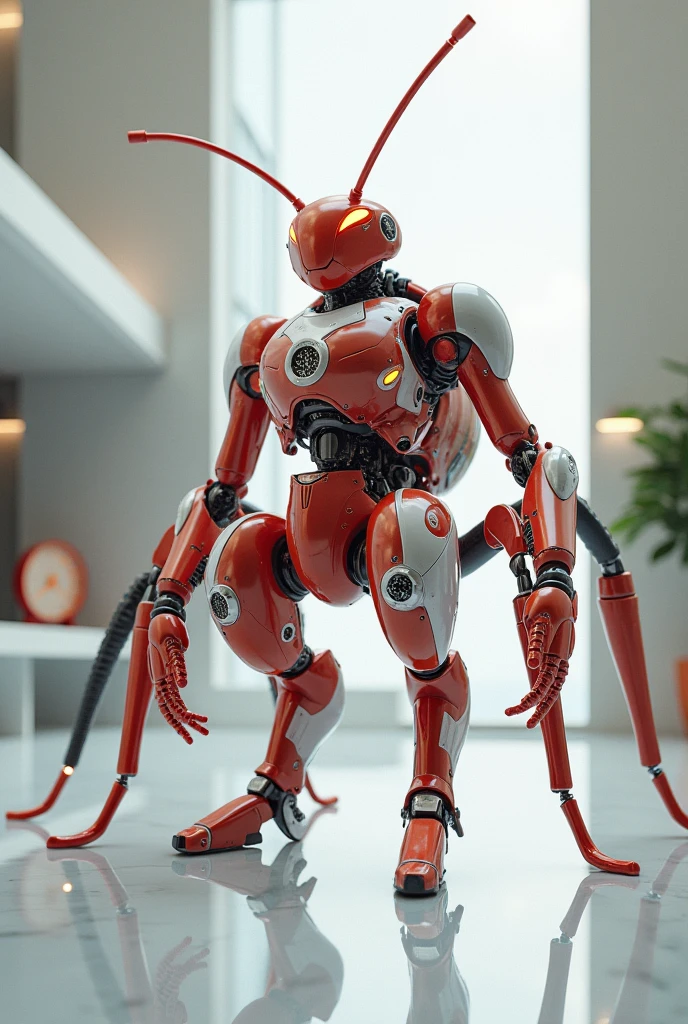 Red ant with white cyberg custome standing in home