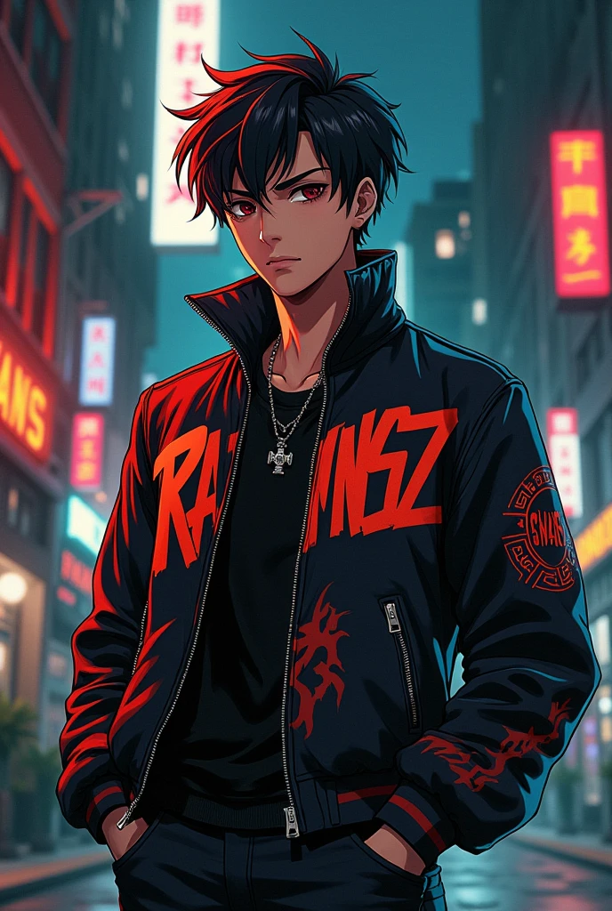 Anime young mafia boss wearing a jacket with ransz written on it