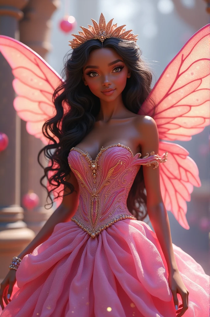 dark skin brown eyes pink princess dress with wings