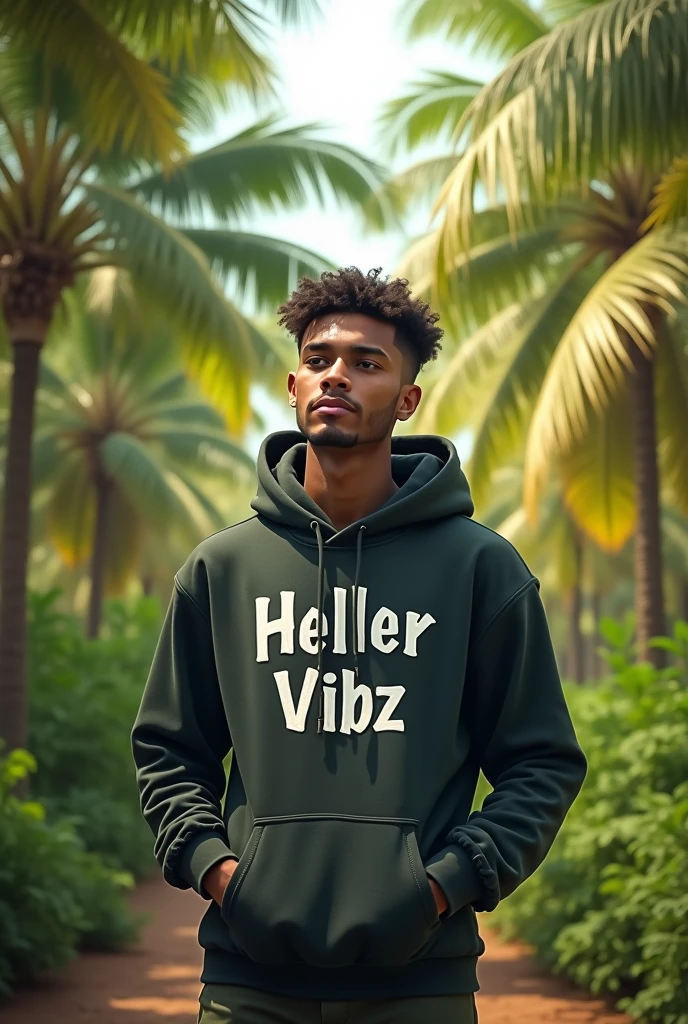 A young man wearing a hoody standing in the coconut
 plantation with the name HELLER VIBz
on the shirt 