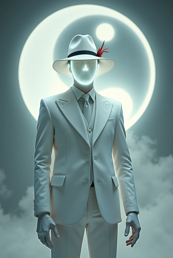 A man wears, white fedora hat with red small ribbon on the side of the hat, white glove, white suit, white glowing face, faceless, yin and yang symbol on behind