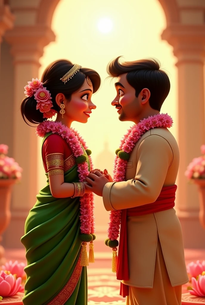 Make two pixar cartoons. They are getting married. Bride is wearing a green saree and hair tied in a bun with heavy jewellery and maharashtrian nose pin with flowers on her bun. A pink lotus garland. Groom is wearing sherwani with dhoti. Short hair and with same garland. He is applying sindoor on brides head.They sre standing with prayer folded hands towards each oth. Make it a very spiritual and happy event. Make them a little more mature. Groom has a stubble. Bride is fair with dimples.