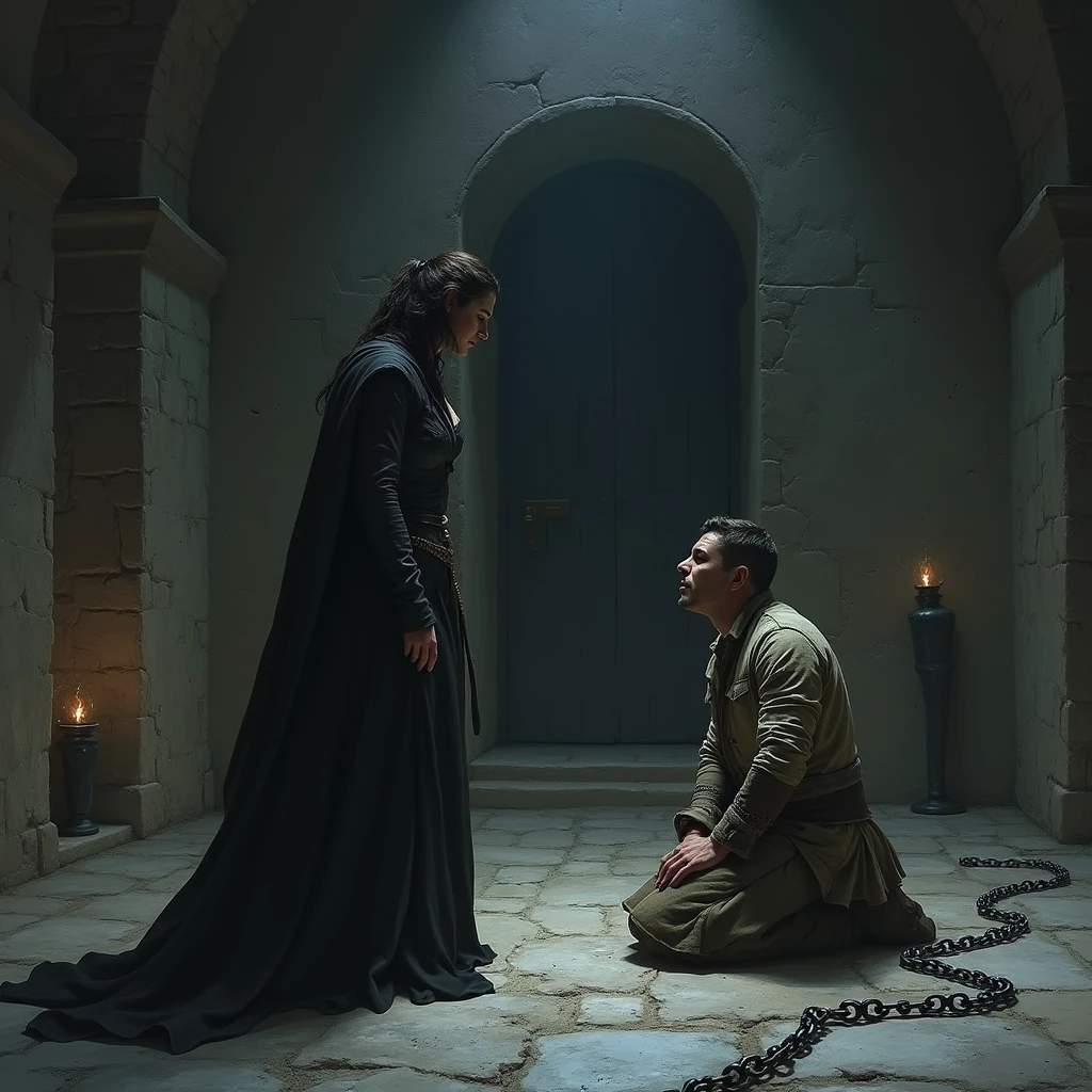 In a dimly lit, cold chamber deep within a dark fantasy palace, Lady Seraphina d’Aurelis stands before the broken rebel leader, Eamon Varis. Both characters appear rugged and dirty, showing the wear of captivity and deception. Eamon, chained and on his knees, gazes up in horror and betrayal, his clothes torn and grimy, reflecting the harsh conditions he's endured. Seraphina, in contrast, wears provocative and seductive clothing that fits the fake role she played—her attire is revealing, designed to lure her victims into trusting her. Her cold, calculating eyes now gleam with cruel satisfaction as she reveals her true, sadistic nature. The chamber is stark, with stone walls and a single flickering torch casting long, eerie shadows. The heavy door behind Eamon, which he believed would lead to freedom, now stands sealed shut. Seraphina’s lips curl into a mocking smile as she prepares to unleash her final, torturous methods on the broken rebel. The scene is tense and foreboding, capturing the moment of ultimate betrayal and the dark pleasure Seraphina derives from her sadistic work. The depiction should be in a realistic, dark fantasy style, emphasizing the emotional intensity, rugged appearance, and sinister atmosphere of the moment.






