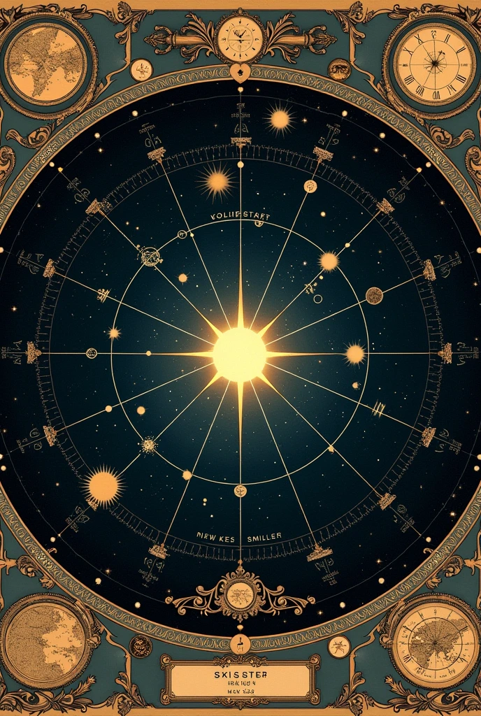 Create a star map illustration that represents the night sky on September 15, 2004. The design should be in a vintage, ornate style with intricate borders and celestial details, similar to a classical astronomical chart. Include a central bright star surrounded by various constellations and celestial bodies. Add decorative elements like small maps, constellations, and symbols around the border. The background should be dark with a starry sky and intricate illustrations of the zodiac and other celestial motifs