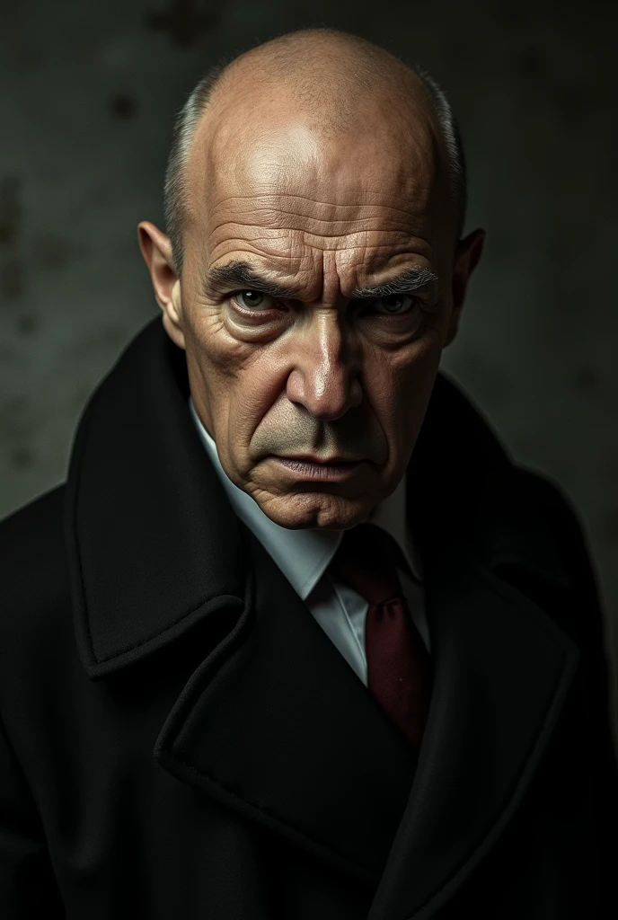 Lavrenty Pavlovich Beria, close-up portrait, dramatic lighting, gloomy atmosphere, soviet - era, totalitarian regime, ominous expression, Powerful leader, The Cold War Era, Historical figure, high contrast, capricious colors, cinematic style, chiaroscuro, Powerful presence