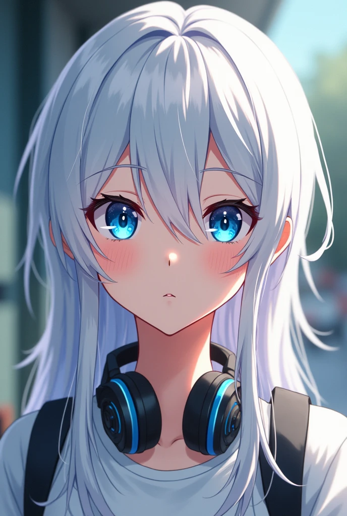 Anime boy with white hair and blue eyes school boy with t shirt and long hair or headphones or good looking and white face