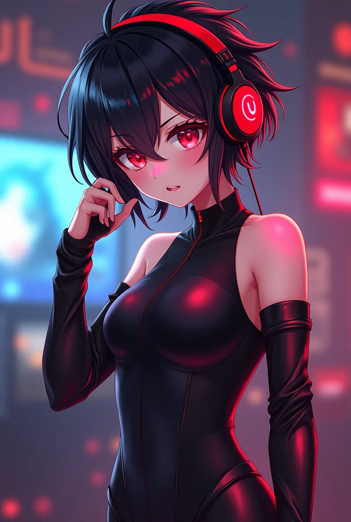 Light skin anime girl, crimson red eyes, short messy black and red hair, black and red gaming headsets, small-breasted, with black and red jumpsuit, I'm drawing a RaptorGamer fanfic