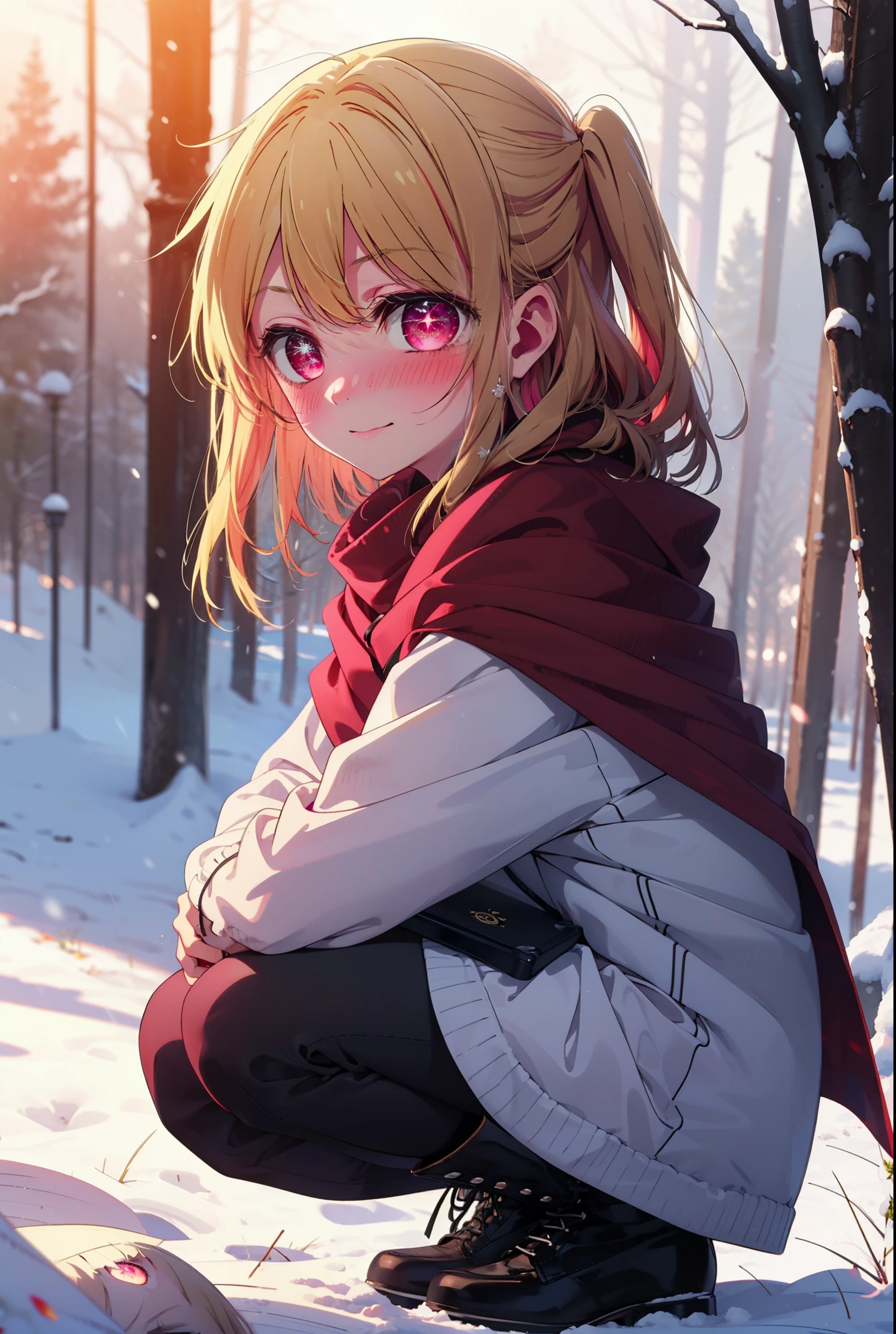 rubyhoshino, Hoshino Ruby, Long Hair, bangs, blonde, (Pink Eyes:1.3), Side Lock, (Symbol-shaped pupil:1.5), Multicolored Hair, Two-tone hair, smile,,smile,blush,white breath,
Open your mouth,snow,Ground bonfire, Outdoor, boots, snowing, From the side, wood, suitcase, Cape, Blurred, , forest, White handbag, nature, Squat, Mouth closed, Cape, winter, Written boundary depth, Black shoes, red Cape break looking at viewer, Upper Body, whole body, break Outdoor, forest, nature, break (masterpiece:1.2), Highest quality, High resolution, unity 8k wallpaper, (shape:0.8), (Beautiful and beautiful eyes:1.6), Highly detailed face, Perfect lighting, Highly detailed CG, (Perfect hands, Perfect Anatomy),