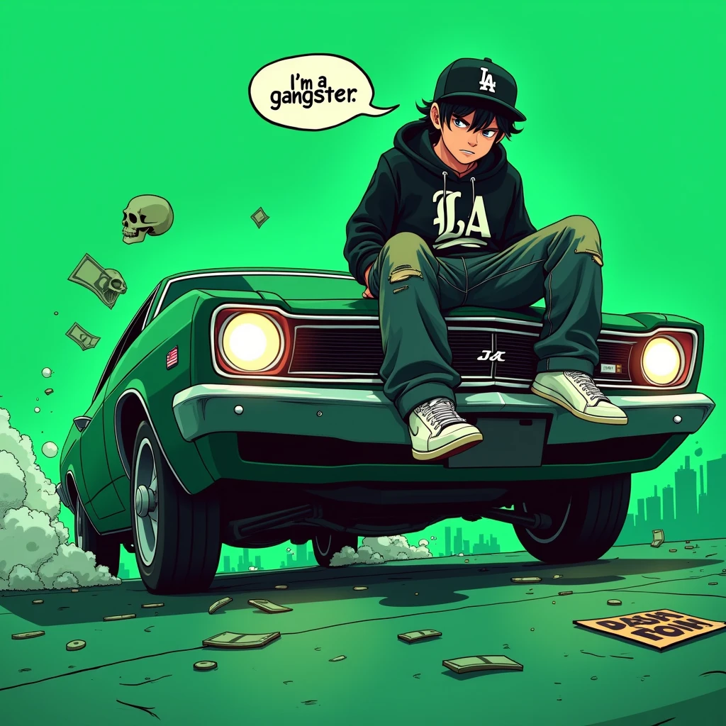Image of a man sitting on the bonnet of a car, Yoshihiko Wada's album cover, winner of the behance contest, Doodle, official artwork, rap album cover, hip - hop album art cover, colored album art, hip hop music album cover, rap album cover art, official fanart, GTA Cover, hip hop album cover, album art cover, Cartoon character, oriental boy, Running car, Green background, green tea, Deep pressed black LA ball cap, white nike shoes, Black LA Hoodie, Baggy jeans worn down, black neighborhood, Skull, drug, The city seen from behind, korean, white smoke, Headlight light, Troublemakers, Bad boy, A lot of money flying around, Write I'm a gangster like a character speech bubble, mischievous expression