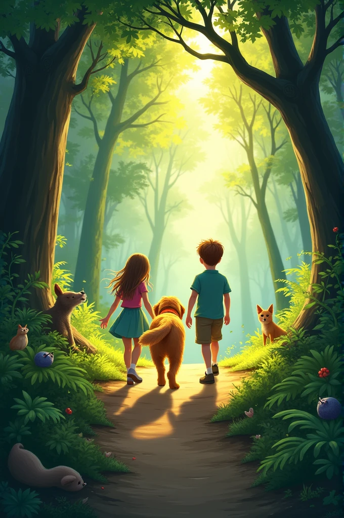 Lila a 8 yaer old girl , Max a  boy and Ollie a golden hair dog A path appeared in front of them, leading deeper into the forest. They knew this was the start of an adventure. With Ollie leading the way, they followed the path, ready to uncover the secrets of this magical world.