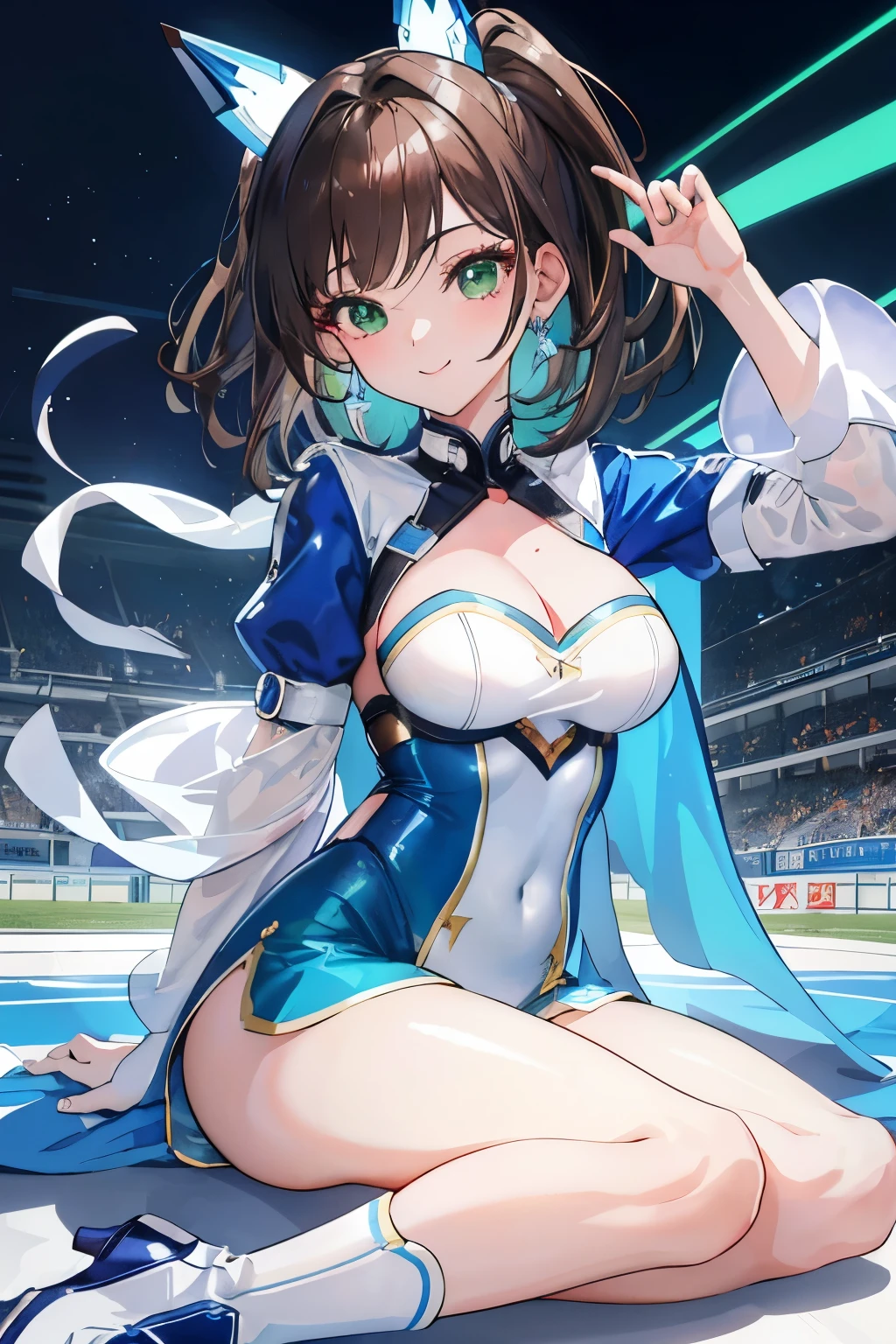 ((masterpiece, Highest quality, High resolution, 超High resolution, Pixel perfect, Written boundary depth, 4K, RTTX 10.0, High resolution))), 1 person, single, alone, Beautiful Anime, Beautiful art style, Anime characters, ((Shortcuts, bangs, Dark brown hair)), ((Green Eyes:1.4, Round eyes, Beautiful eyelashes, current eyes)), ((Smooth texture:0.75, Anime CG style)), ((Dynamic Angle, close)), Perfect body, (cute), Normal chest, whole body, ((4K, 8k, Highest quality, Perfect Fingers: 1.3, Perfect Anatomy: 1.3, Background Blur)), whole bodyアングル, Grid girl illustration, Characters are dressed as grid girls, The costume is a shiny blue and white costume.、The top is short, Blue and white pattern on the sleeves、Bottoms are tight shorts, On her feet she wears silver high-heeled boots., Have a cheerful and confident smile, In the background, the circuit pits and racing cars are lined up.