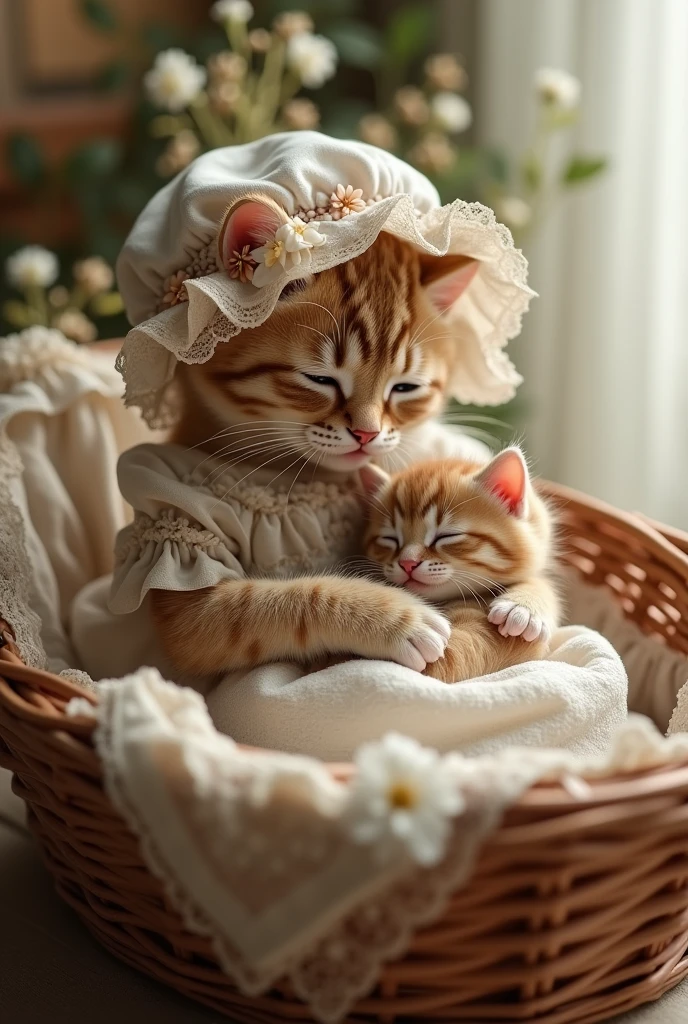 Mother cat with kitten in wicker cradle in cotton lace dress and cap decorated with flowers and ribbons in retro style