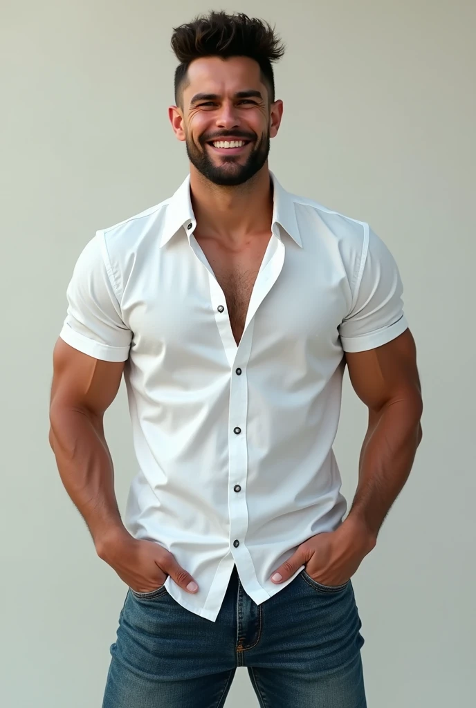 homme français légèrement bronzé , 30 ans, beau et élégant, porter un uniforme, sexey , masculin et beau,muscle,Les muscles ont l'Cela semble bon,corps poilus, avec une peau claire, Noir L'œil(fine œils 1:3), photo du corps entier,(ultra-détaillé, Photoréaliste, Meilleure qualité, 4k, 8k, haute résolution, Chef de'ouvrages d'art:1.3), un homme mûr, charmant et distingué , (corps muscle), portant une chemise blanche brillante sur mesure, avec le bouton du haut défait avec désinvolture, pantalon anthracite parfaitement ajusté, transpirer, déboutonner les boutons de la chemise, visage obscène ,la poitrine serrée, sexe,Chemise transparente, érotique, Corné, Regarder droit, Les accessoires incluent une montre-bracelet de luxe, boutons de manchette sobres, et une ceinture en cuir simple mais élégante, pris en photo pour les jo sportifs le spectateur,veines musculaires,