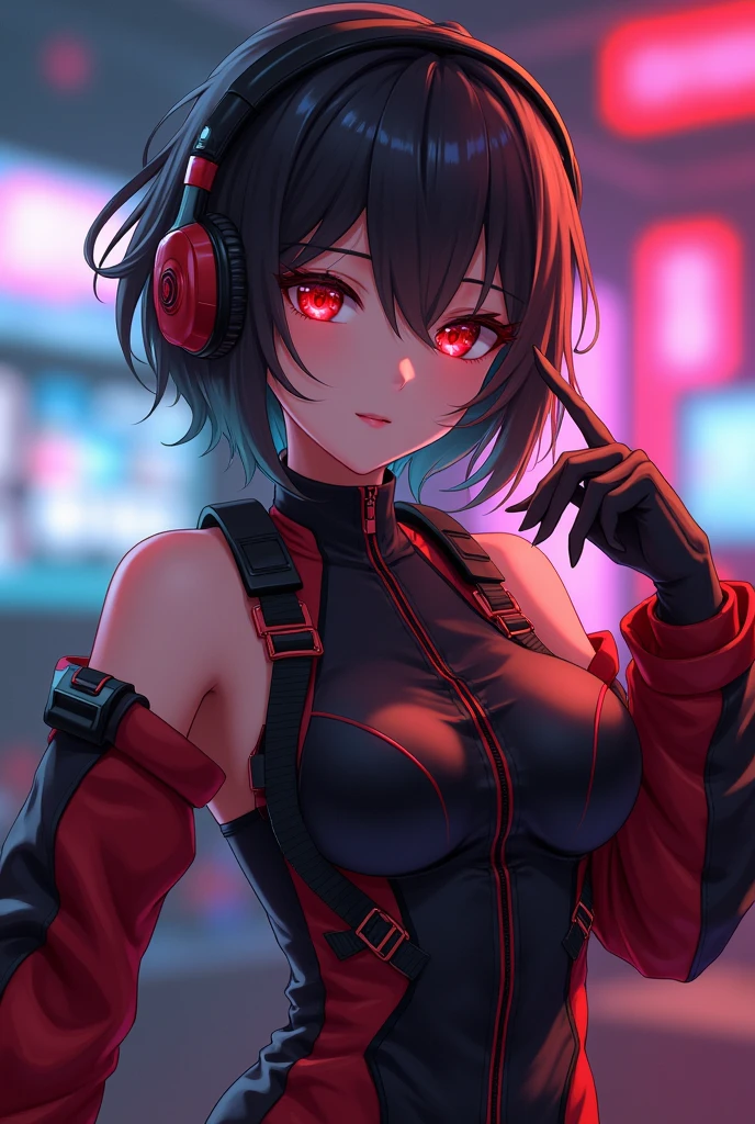 Light skin anime girl, crimson red eyes, short messy black and red hair, black and red gaming headsets, small-breasted, with black and red jumpsuit, I'm drawing a RaptorGamer fanfic