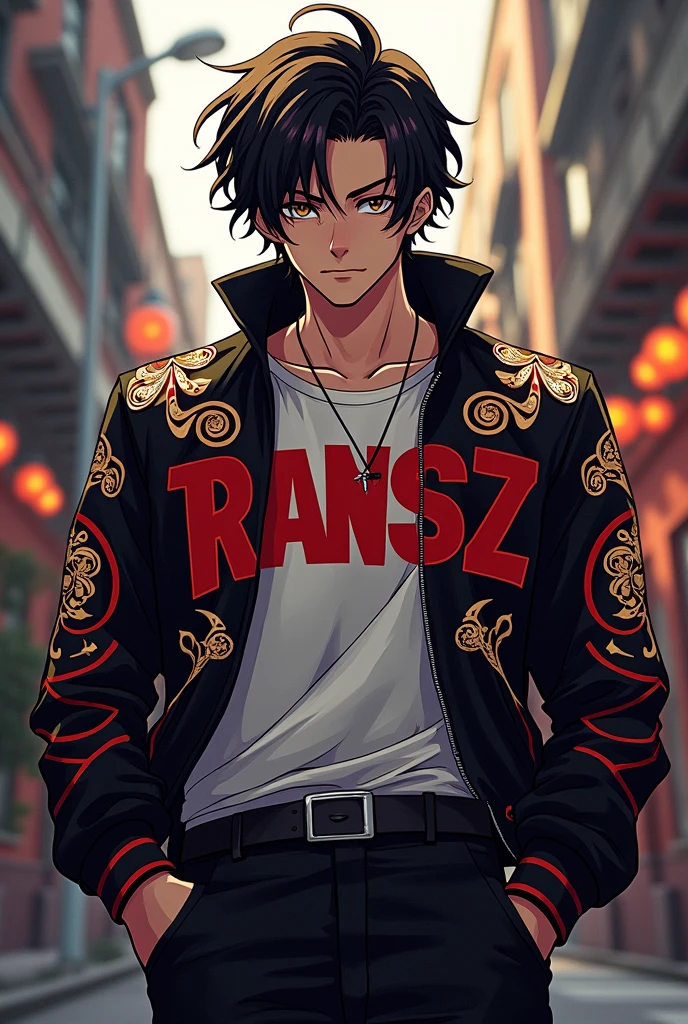 Anime young mafia boss wearing a jacket with ransz written on it