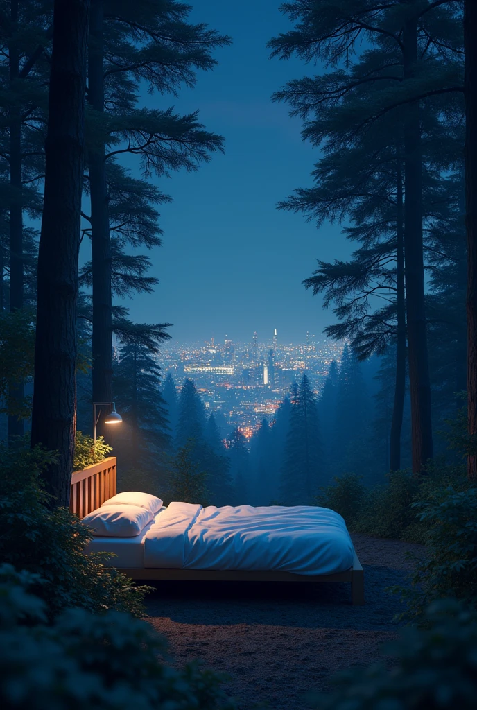 A normal empty bed in night in forest with city view 