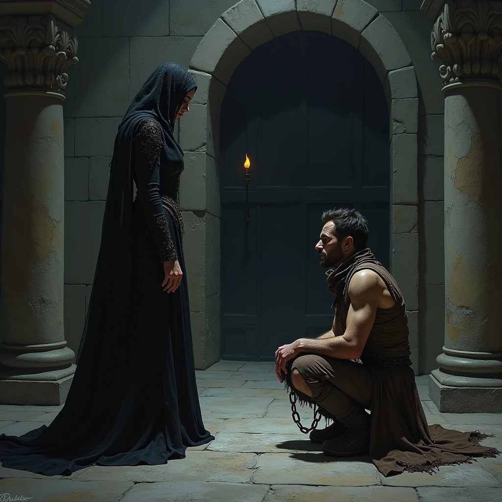 In a dimly lit, cold chamber deep within a dark fantasy palace, Lady Seraphina d’Aurelis stands before the broken rebel leader, Eamon Varis. Both characters appear rugged and dirty, showing the wear of captivity and deception. Eamon, chained and on his knees, gazes up in horror and betrayal, his clothes torn and grimy, reflecting the harsh conditions he's endured. Seraphina, in contrast, wears provocative and seductive clothing that fits the fake role she played—her attire is revealing, designed to lure her victims into trusting her. Her cold, calculating eyes now gleam with cruel satisfaction as she reveals her true, sadistic nature. The chamber is stark, with stone walls and a single flickering torch casting long, eerie shadows. The heavy door behind Eamon, which he believed would lead to freedom, now stands sealed shut. Seraphina’s lips curl into a mocking smile as she prepares to unleash her final, torturous methods on the broken rebel. The scene is tense and foreboding, capturing the moment of ultimate betrayal and the dark pleasure Seraphina derives from her sadistic work. The depiction should be in a realistic, dark fantasy style, emphasizing the emotional intensity, rugged appearance, and sinister atmosphere of the moment.






