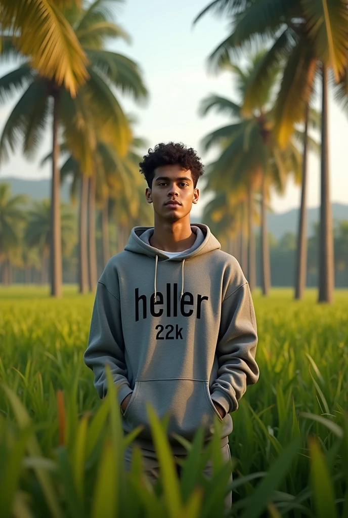 A young man wearing a hoody standing in the coconut
plantation with the name HELLER 22K
on the shirt