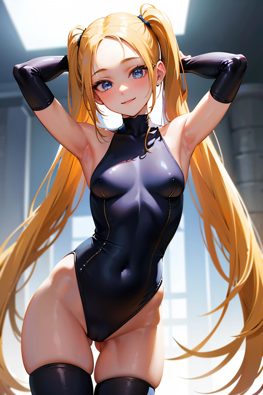 masterpiece, best quality, ultra-detailed,hyperrealistic,shiny skin,1girl,forehead,(plain forehead),blonde hair,long hair,straight hair,twintail,blue eyes,small breasts,,smile,standing,thigh gap,leotard, white background,arms behind head,






