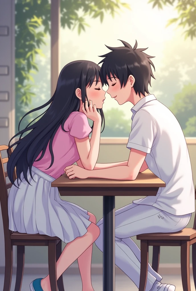 girl has black long hair and is pretty.she is wearing a pink top,a white skirt and blue shoes.he has black hair.He wears white shoes,white pants and a black shirt.he tells his friends something.they sit at the table.she sits next to him.she puts her head on her hand and looks at him lovingly from the side.