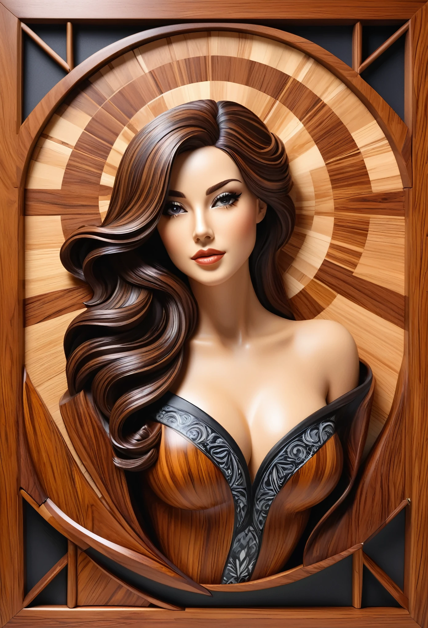 beautiful woman, stylish, cool, ultrarealistic , impeccable ,  in the style of Intarsia woodworking