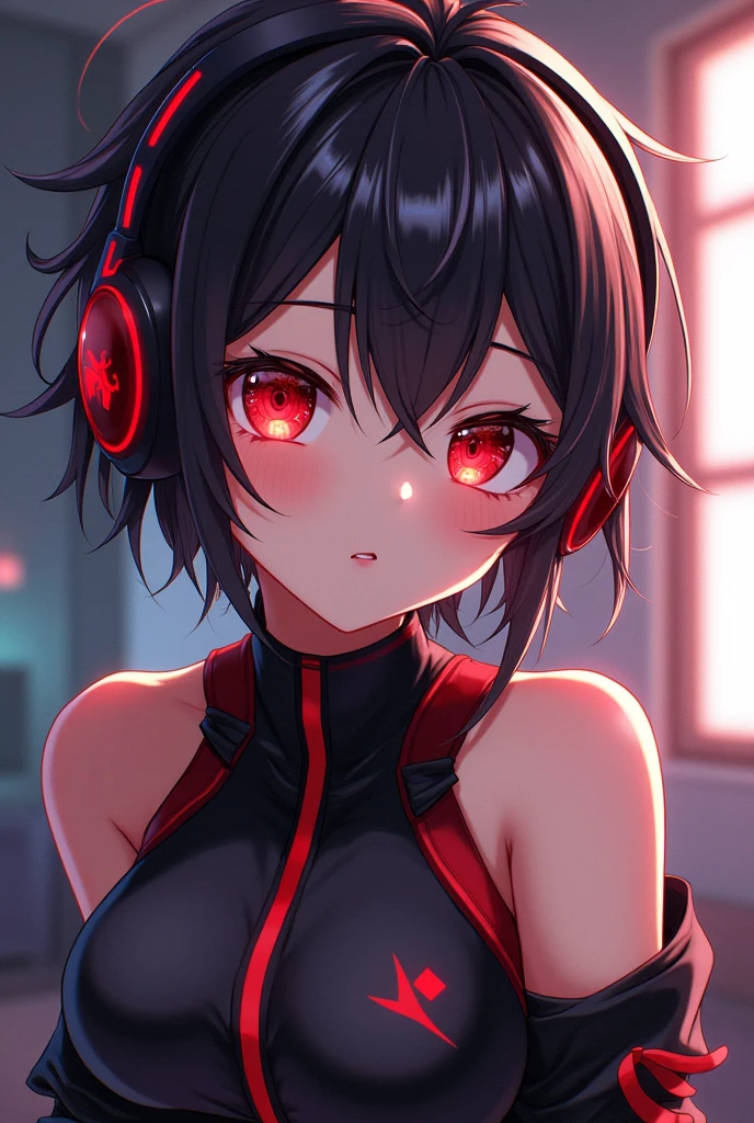 Light skin anime girl, crimson red eyes, short messy black and red hair, black and red gaming headsets, small-breasted, with black and red jumpsuit, I'm drawing a RaptorGamer fanfic