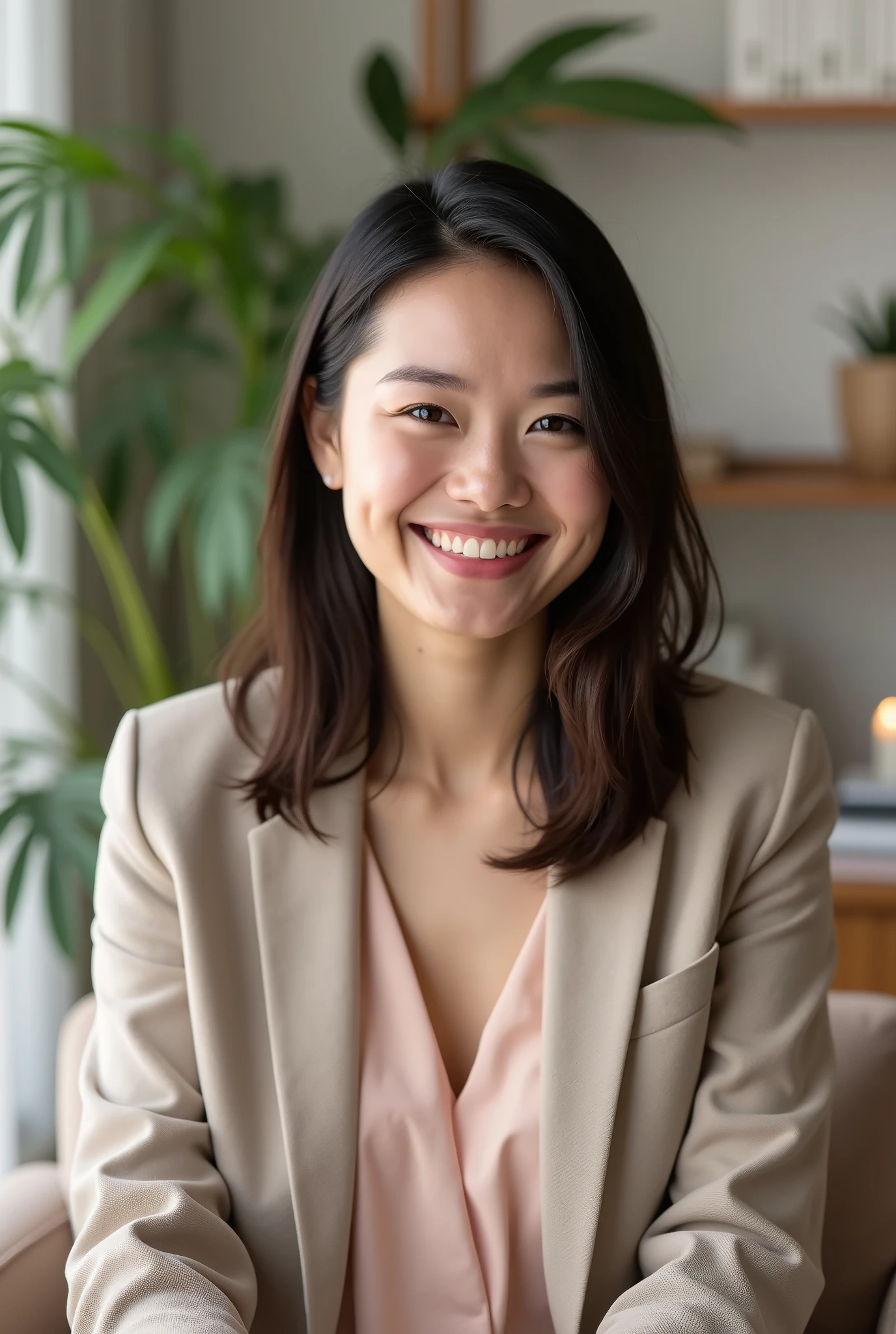 Create an avatar of a psychologist in a professional environment. She is a friendly and warm looking woman, with a facial expression that conveys confidence, SECURITY, empathy, and understanding. His face shows a soft smile, with kind and attentive eyes that reflect their desire to help. She has a professional and neat hairstyle., Her hair is medium length, smooth and dark brown. Wear an elegant pastel-colored blouse and a blazer in neutral tones, which highlights their professionalism and dedication. She is sitting in a well-lit office, with a minimalist but cozy decoration, where you can see some elements like plants and books. The environment should be calm and safe., highlighting his ability to connect emotionally with his patients.