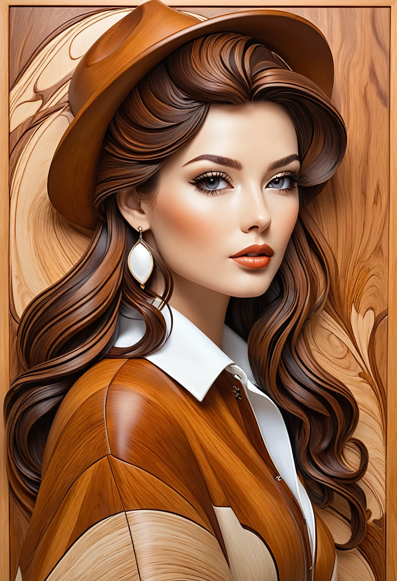 beautiful woman, stylish, cool, ultrarealistic , impeccable , in the style of Intarsia woodworking