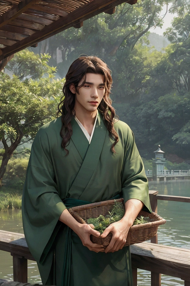 A handsome man in his 30s sits against a bridge with a basket of herbs in front of a lake during the rain. He is wearing a green Chinese haori. The man has long wavy brown hair and green eyes. His face is sharp, with cheekbones. His look is relaxed.