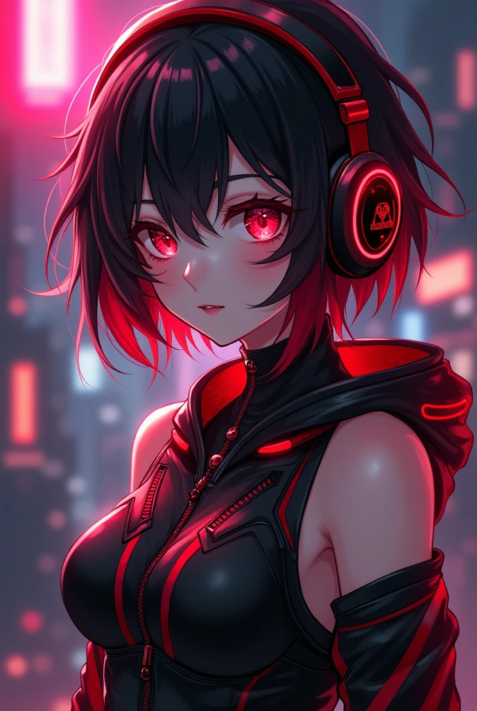 Light skin anime girl, crimson red eyes, short messy black and red hair, black and red gaming headsets, small tit, with black and red jumpsuit, I&#39;m drawing a RaptorGamer fanfic 