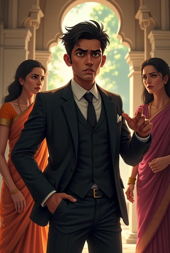 "Depict Veer a young businessman (in black 3 Piece suit) with a look of growing frustration and anger. His eyebrows are furrowed,. He is gesturing with one hand, possibly pointing towards the exit, as he argues about the importance of his work and his disbelief in the rituals. The background shows the serene temple contrasting with Veer's modern, pragmatic world view and his wife standing beside him with worry expression and angry priest in front (near) of them