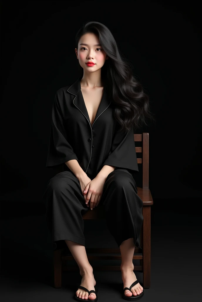 (photorealism:1.2), curve Asian woman with black wavy hair, wearing black pajamas, black sandals, sitting on chair, plain black background