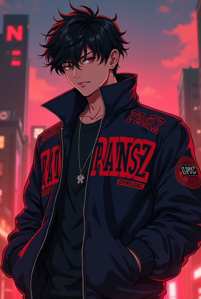 Anime young mafia boss wearing a jacket with ransz written on it