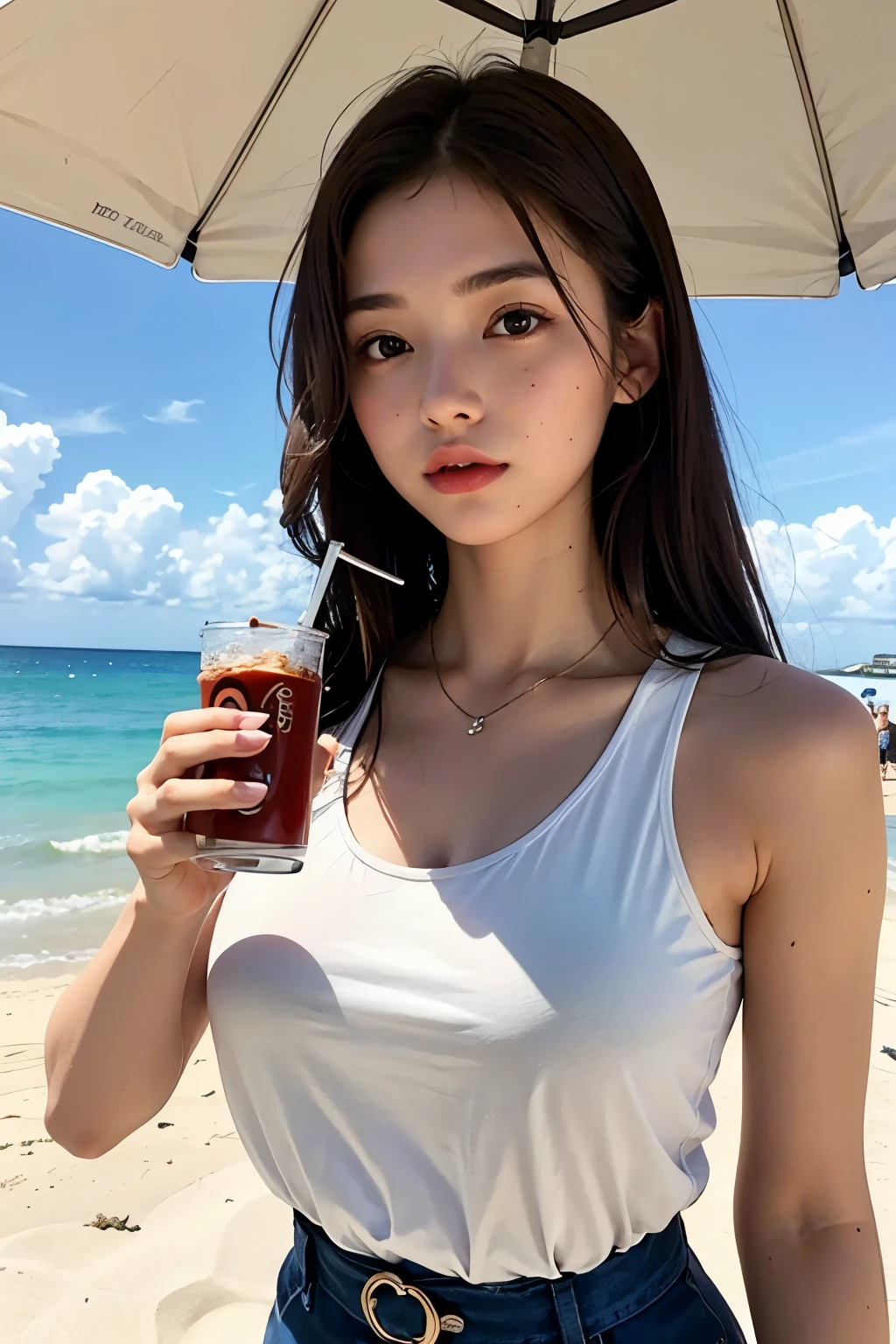 Upper body close-up image. Twenty years old. A beautiful woman. Dark brown hair. She holds a cola in one hand. It is summer and she is standing on the beach.
