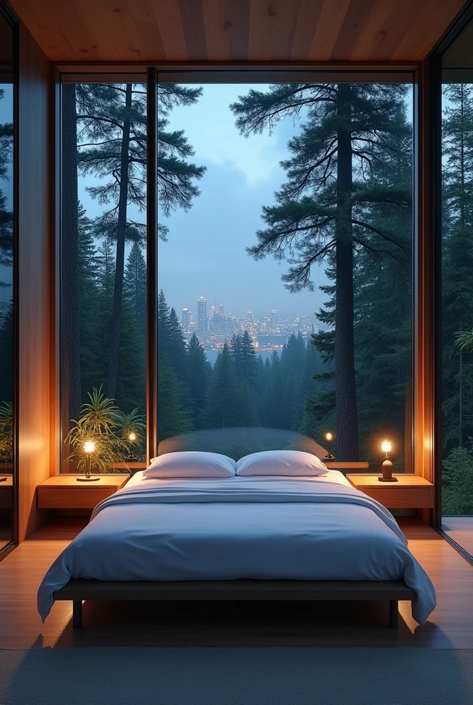 A normal empty bed in modern room in night in forest with city view